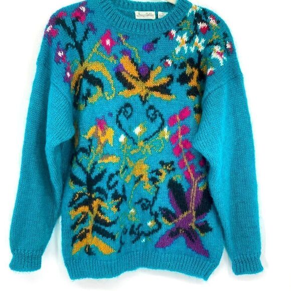 Vintage Dana Ashley Women’s Wool Mahair Embroidered Floral Sweater Turquoise L - Picture 1 of 4